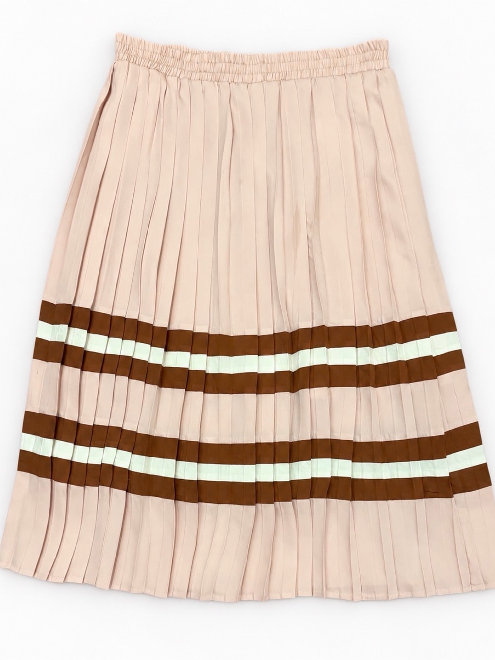 Pleated Midi Skirt in Blush with Burgundy and Cream Stripes